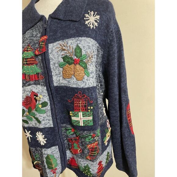 Vintage Embroidered Christmas Xl Sweater Front Zip Collared Cardinals Womens - Picture 3 of 14